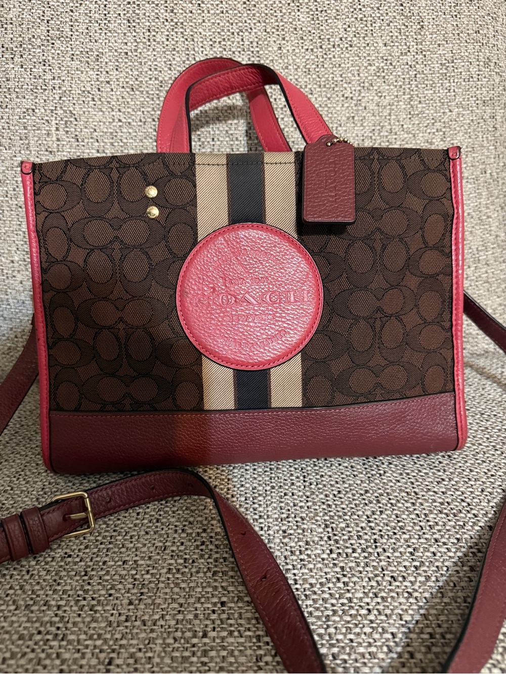 Coach Brown Signature Canvas Tote with Wine Leather Trim